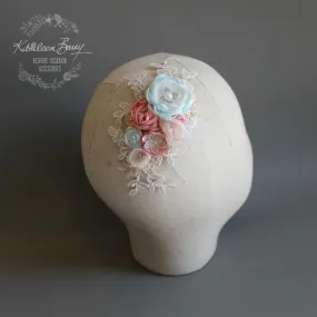 Mandy Bridal Hairpiece - floral veil comb - wedding hair accessory - Turquoise, coral, blush - colors to order