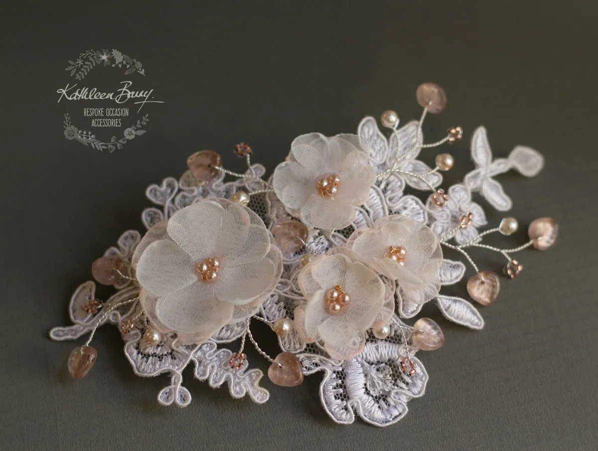Marilyn Ivory / Off-white Lace Hairpiece Hints of Blush Pink with Rose Gold Accents