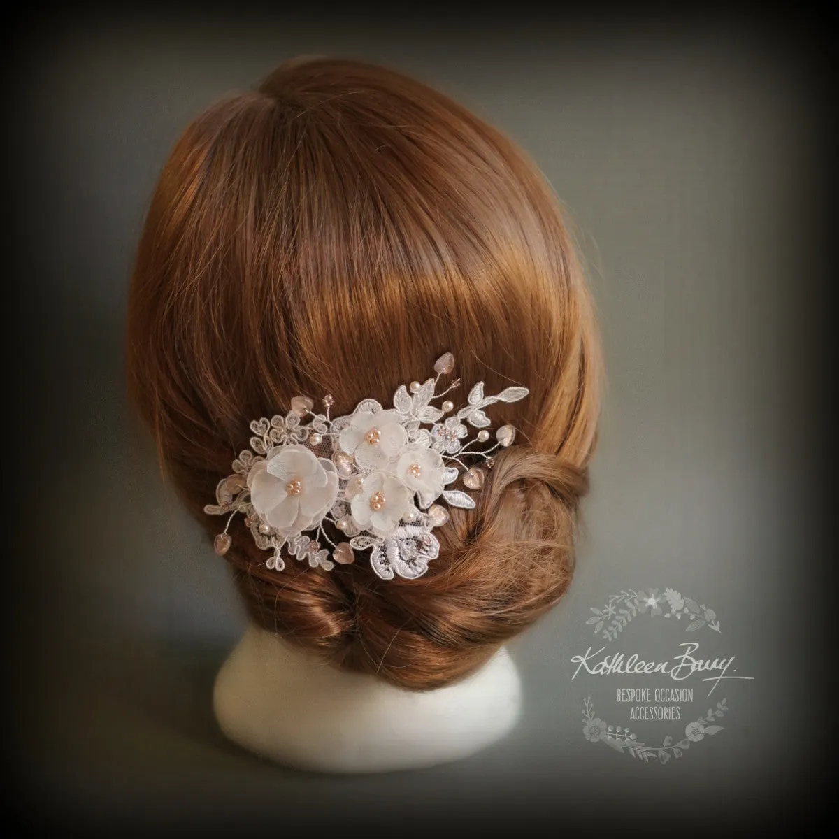 Marilyn Ivory / Off-white Lace Hairpiece Hints of Blush Pink with Rose Gold Accents