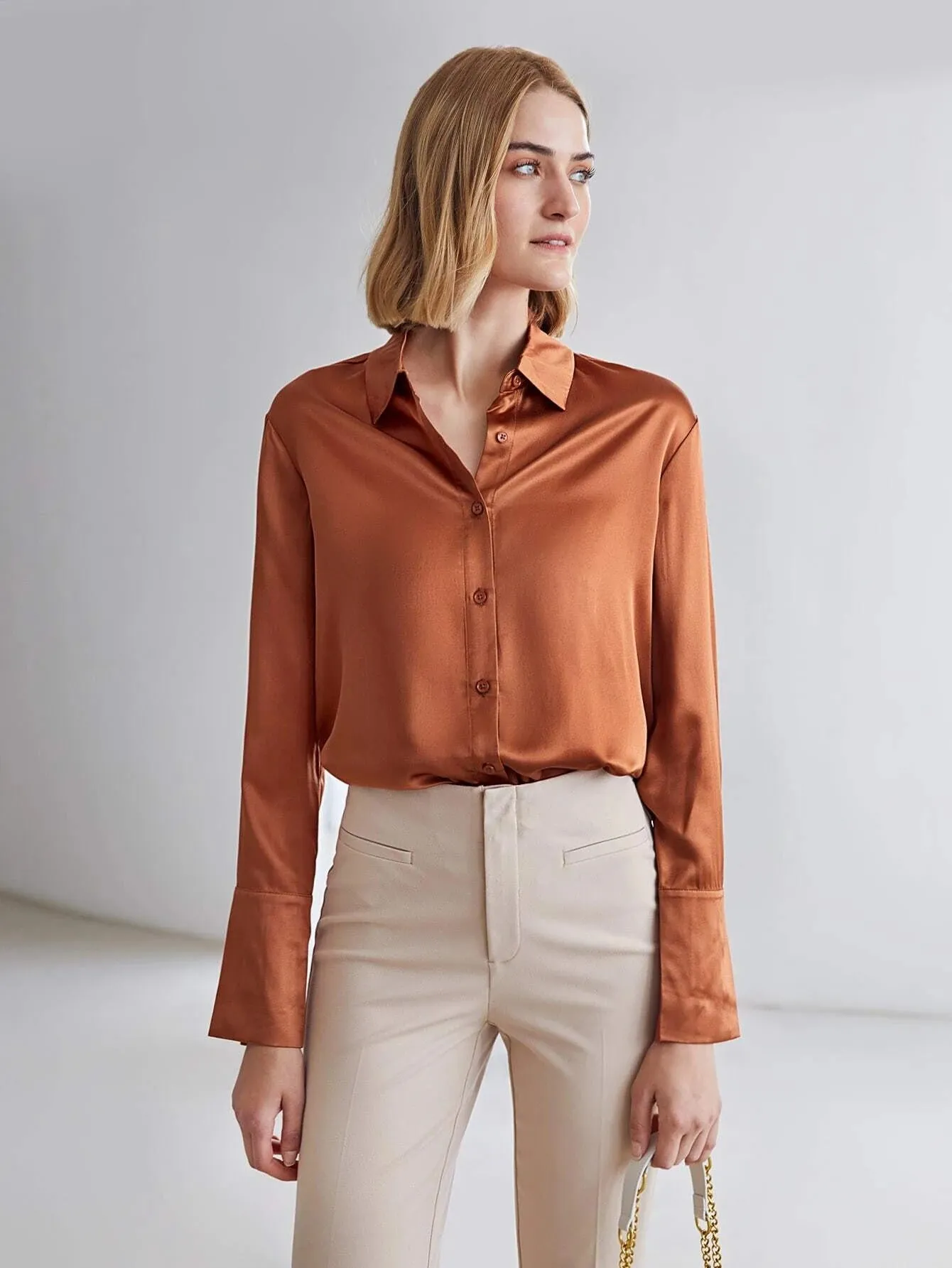 Modern 100% Silk Long Sleeves Silk Staight Fit Top Silk Blouse for Women