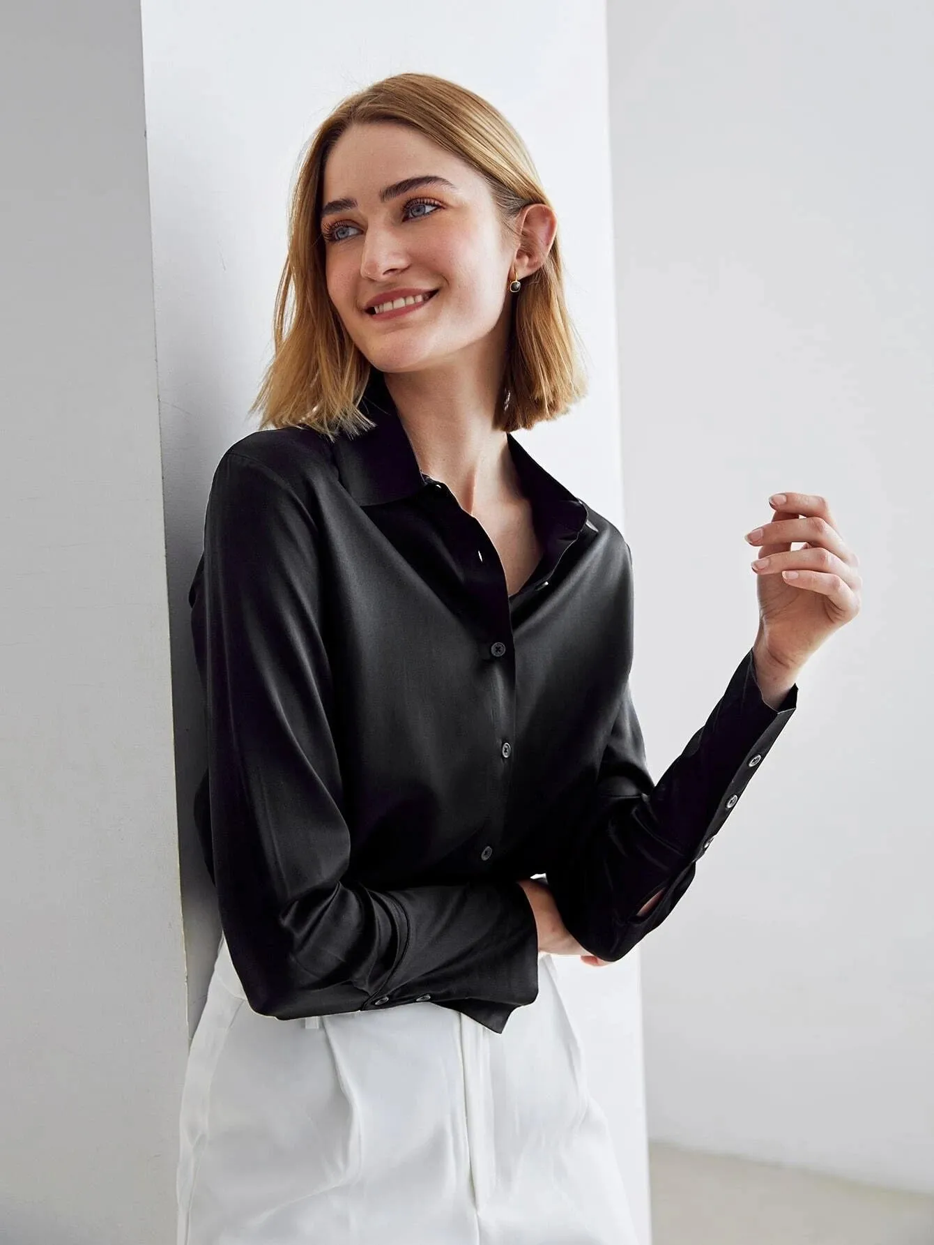 Modern 100% Silk Long Sleeves Silk Staight Fit Top Silk Blouse for Women