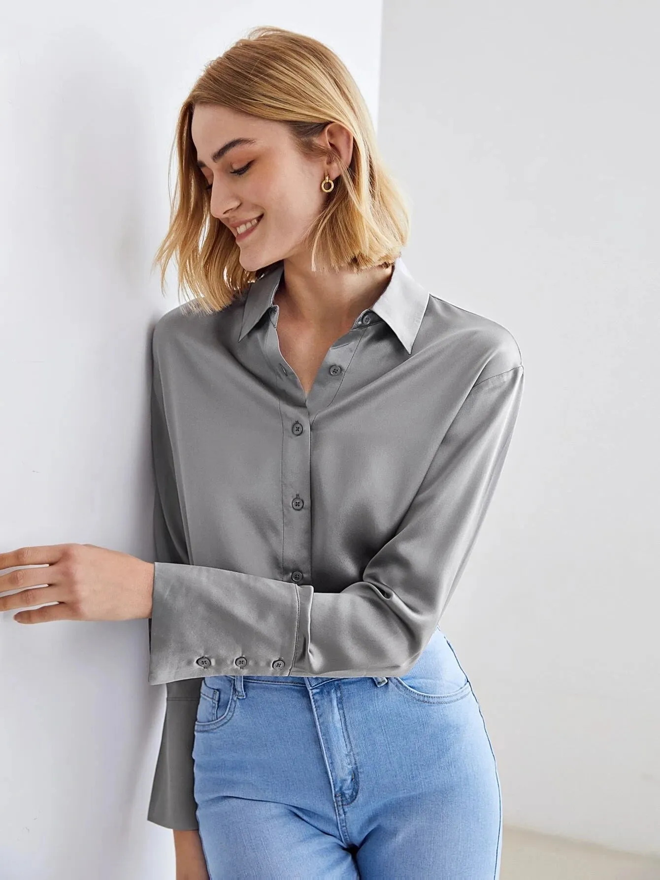Modern 100% Silk Long Sleeves Silk Staight Fit Top Silk Blouse for Women
