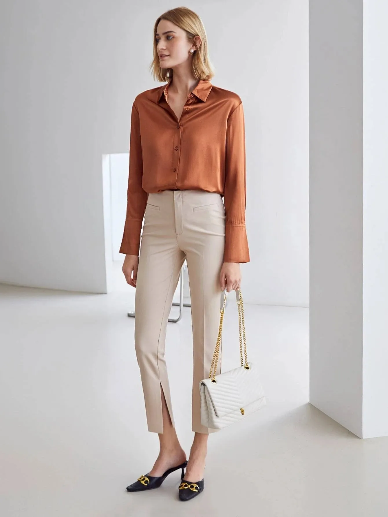 Modern 100% Silk Long Sleeves Silk Staight Fit Top Silk Blouse for Women