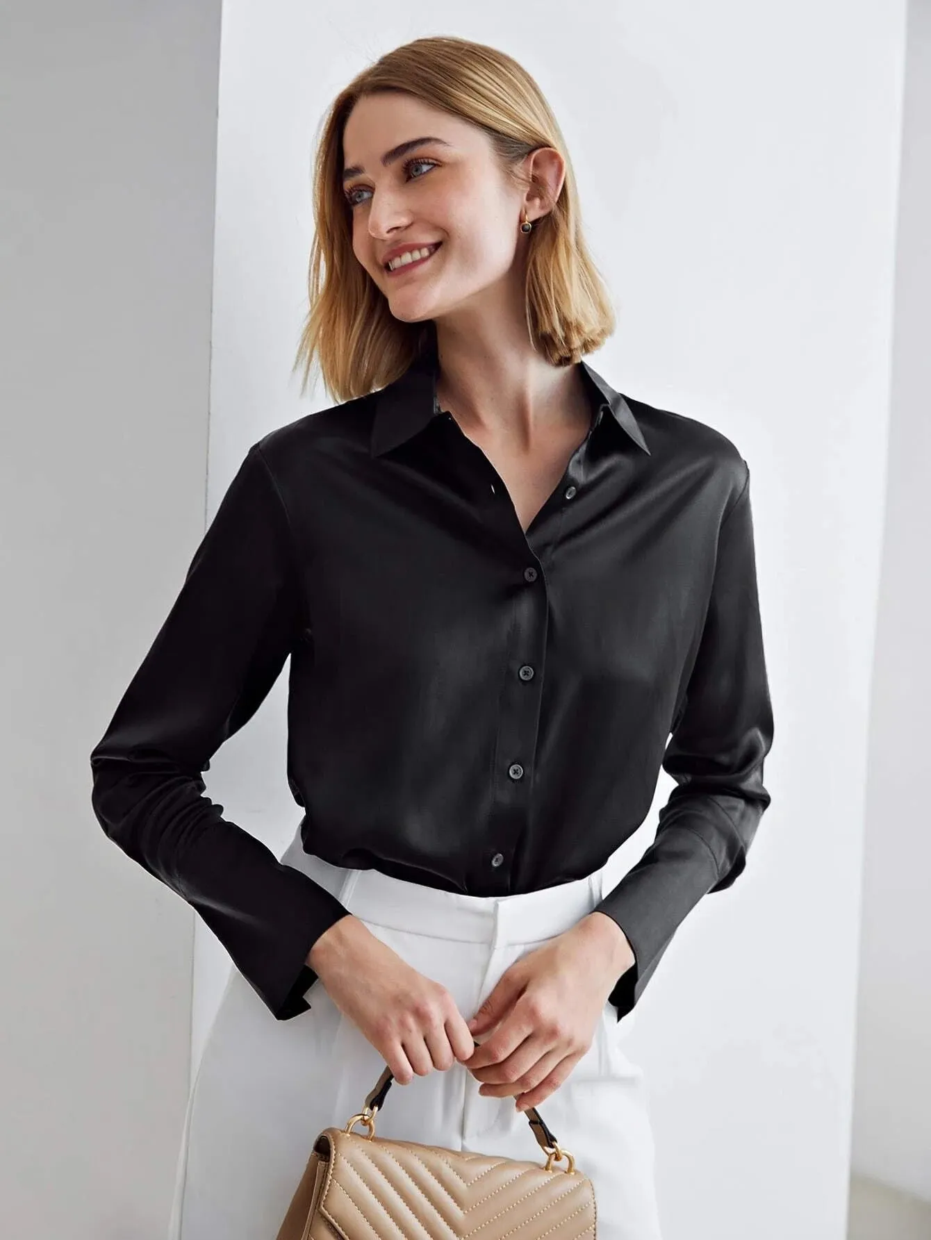 Modern 100% Silk Long Sleeves Silk Staight Fit Top Silk Blouse for Women