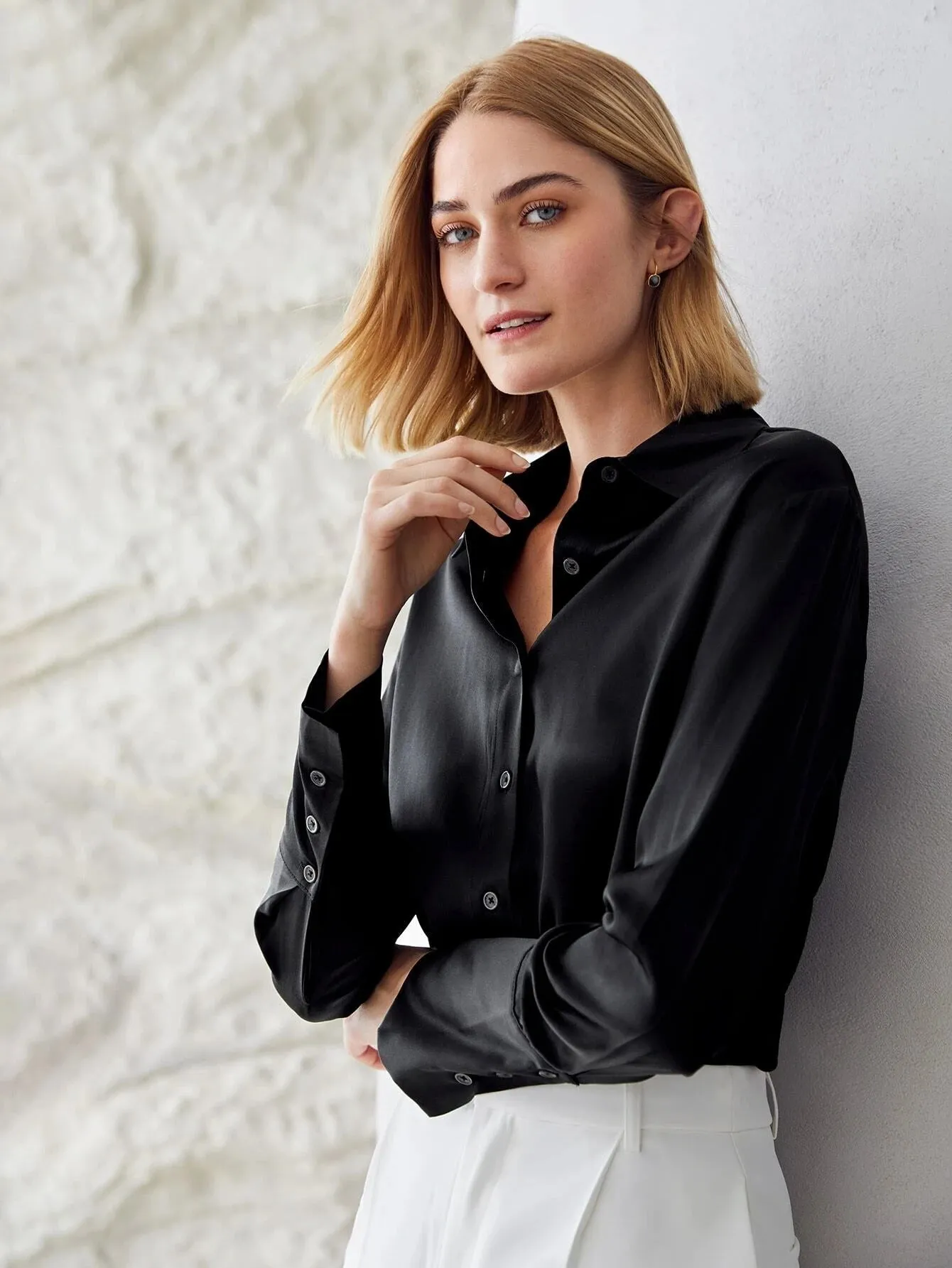 Modern 100% Silk Long Sleeves Silk Staight Fit Top Silk Blouse for Women