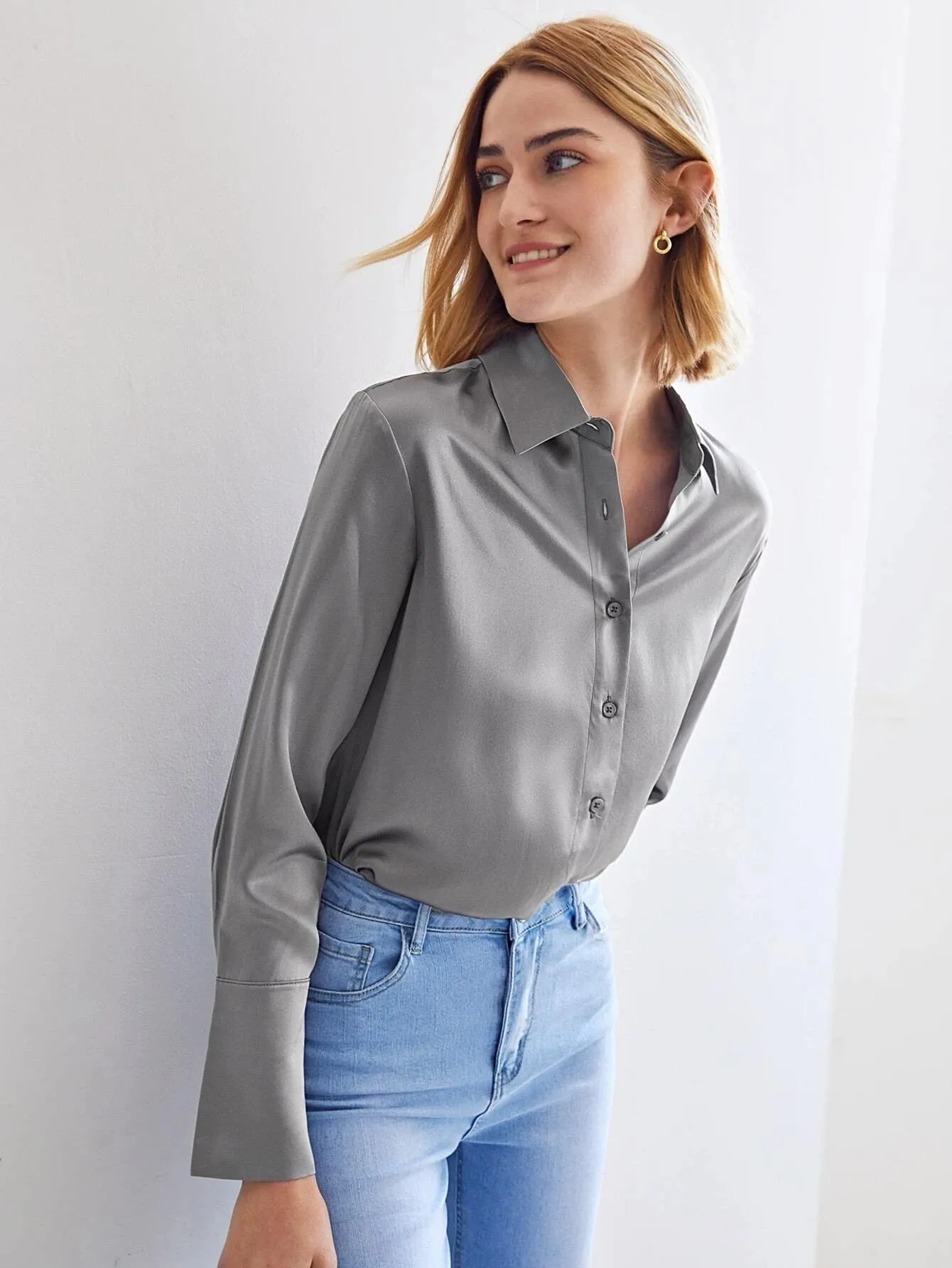 Modern 100% Silk Long Sleeves Silk Staight Fit Top Silk Blouse for Women
