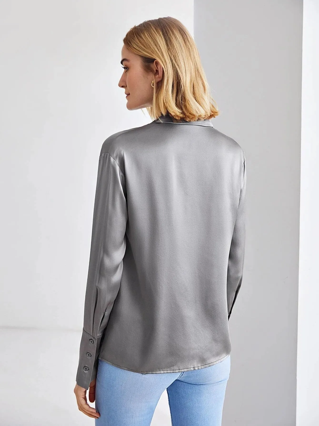 Modern 100% Silk Long Sleeves Silk Staight Fit Top Silk Blouse for Women