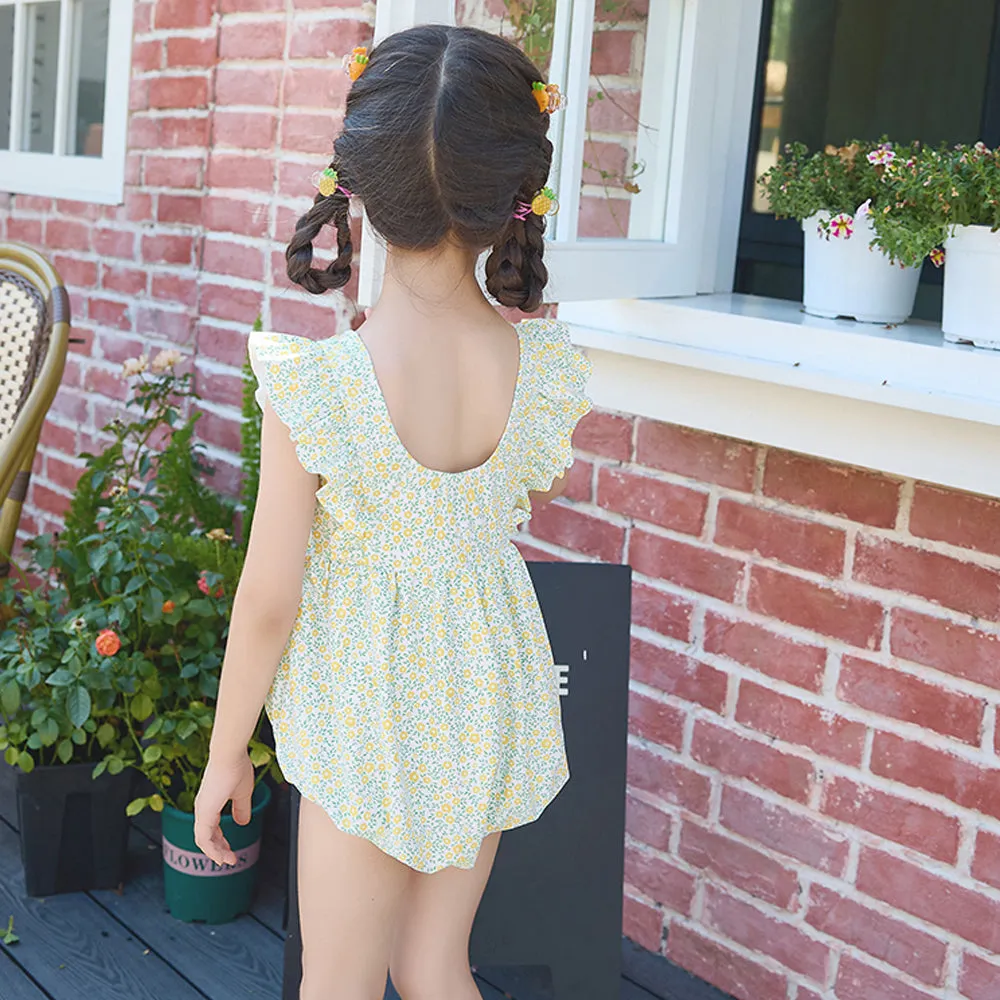One Piece Little Miss Yellow Bow print Swimwear with Matching Swim Cap for Kids and Toddlers