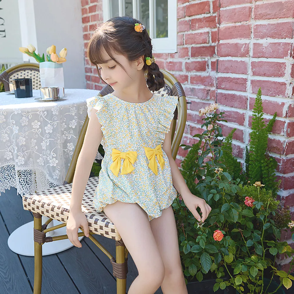 One Piece Little Miss Yellow Bow print Swimwear with Matching Swim Cap for Kids and Toddlers