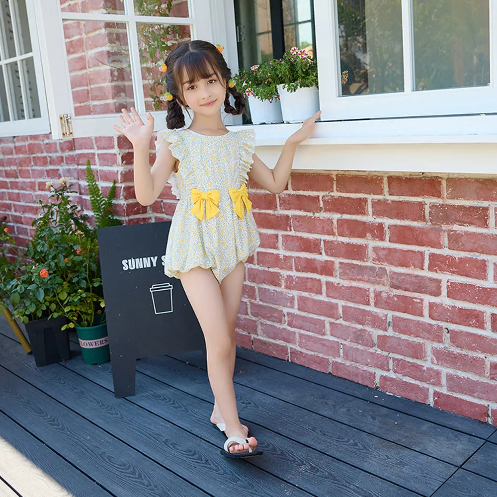 One Piece Little Miss Yellow Bow print Swimwear with Matching Swim Cap for Kids and Toddlers