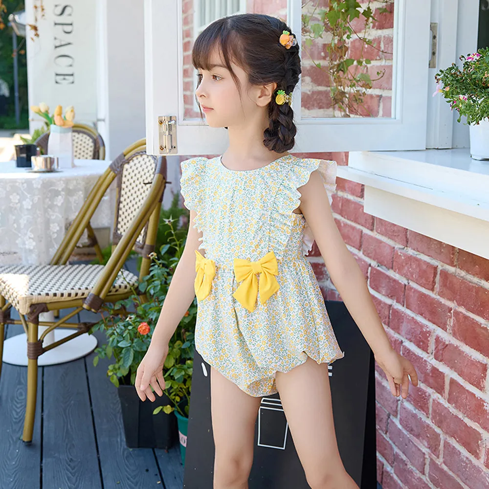 One Piece Little Miss Yellow Bow print Swimwear with Matching Swim Cap for Kids and Toddlers