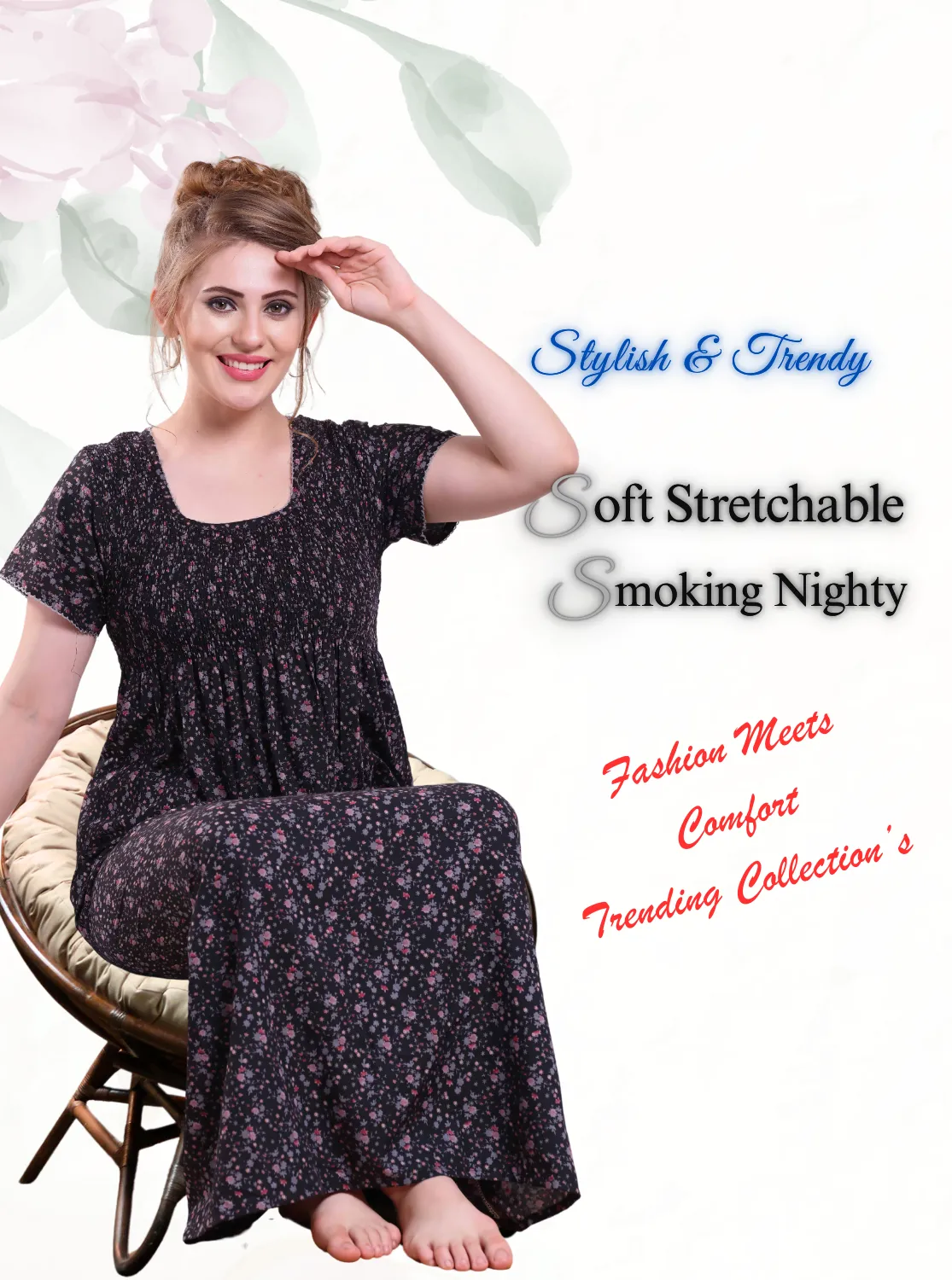 ONLY MINE Premium Smokey Nighty | Stretchable Elastic Type | Beautiful Pleated Model | Side Pocket | Stylish Nighty for Stylish Women's (OM-RAH)