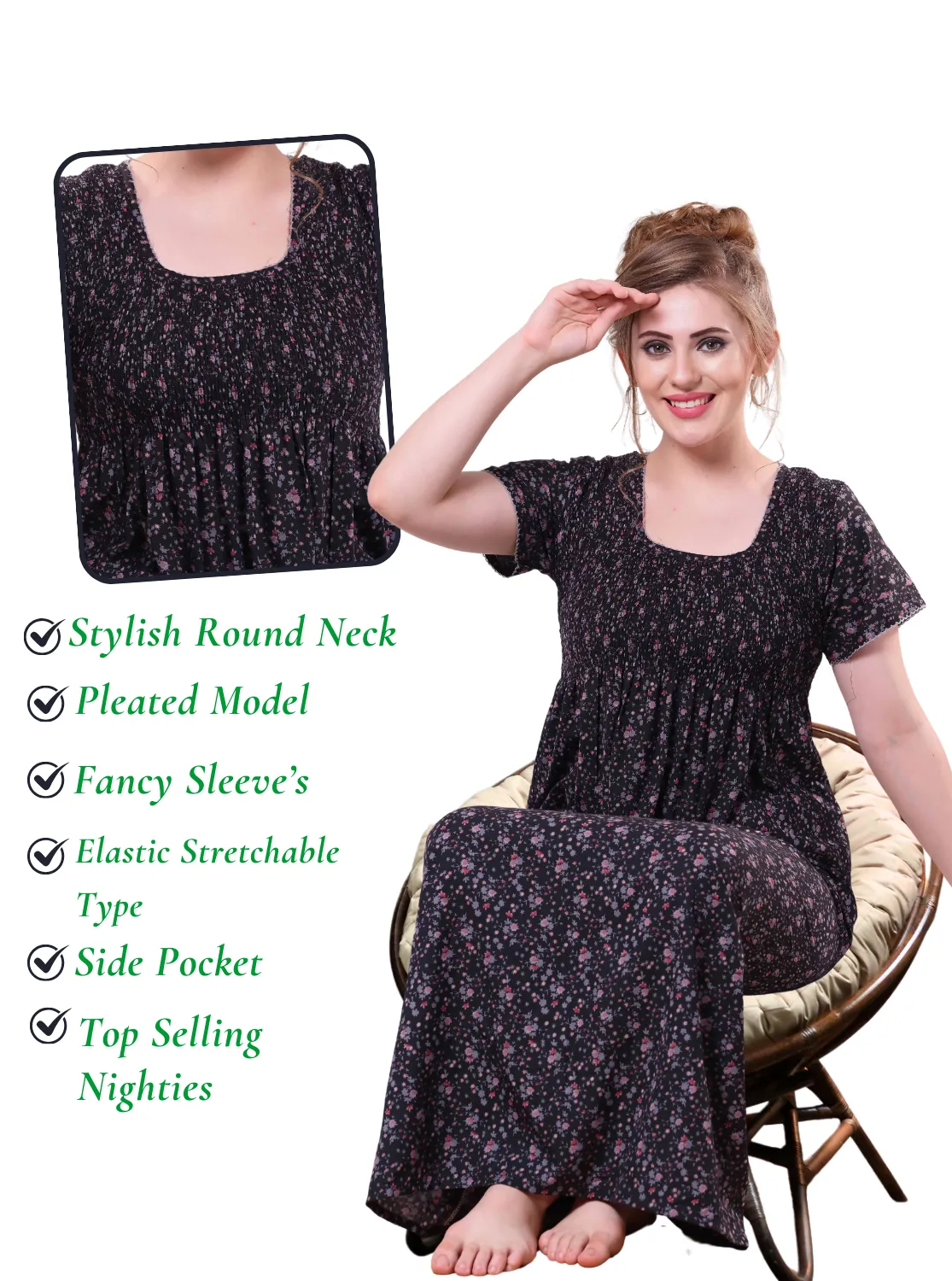 ONLY MINE Premium Smokey Nighty | Stretchable Elastic Type | Beautiful Pleated Model | Side Pocket | Stylish Nighty for Stylish Women's (OM-RAH)