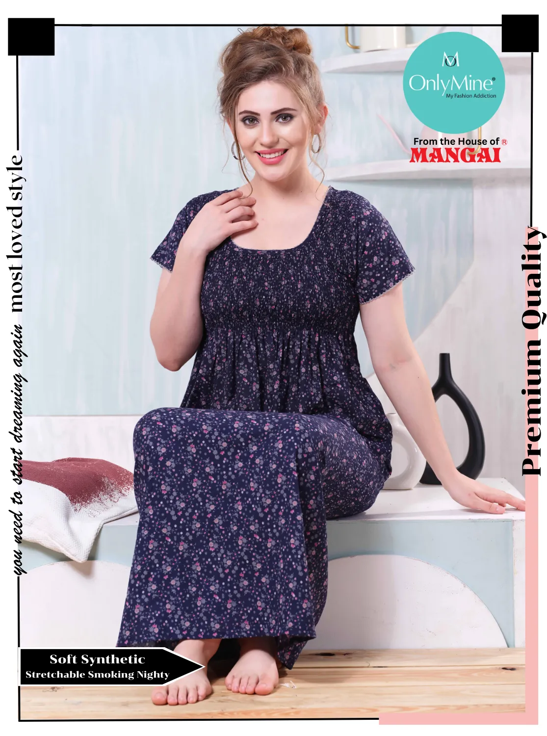 ONLY MINE Premium Smokey Nighty | Stretchable Elastic Type | Beautiful Pleated Model | Side Pocket | Stylish Nighty for Stylish Women's (OM-RAH)