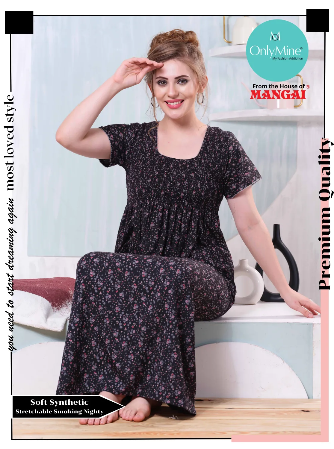 ONLY MINE Premium Smokey Nighty | Stretchable Elastic Type | Beautiful Pleated Model | Side Pocket | Stylish Nighty for Stylish Women's (OM-RAH)