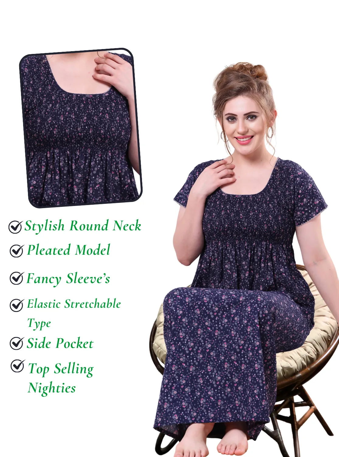 ONLY MINE Premium Smokey Nighty | Stretchable Elastic Type | Beautiful Pleated Model | Side Pocket | Stylish Nighty for Stylish Women's (OM-RAH)