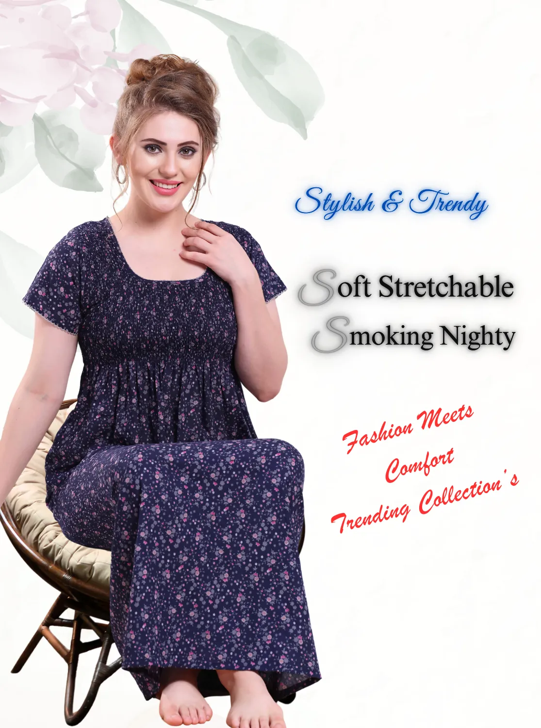 ONLY MINE Premium Smokey Nighty | Stretchable Elastic Type | Beautiful Pleated Model | Side Pocket | Stylish Nighty for Stylish Women's (OM-RAH)