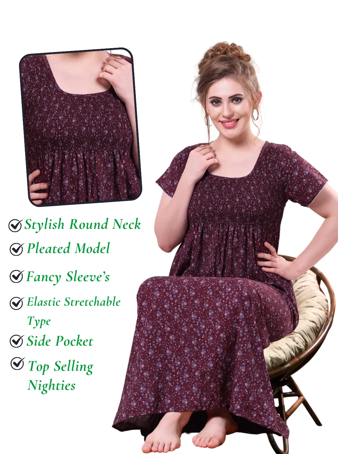 ONLY MINE Premium Smokey Nighty | Stretchable Elastic Type | Beautiful Pleated Model | Side Pocket | Stylish Nighty for Stylish Women's (OM-RAH)