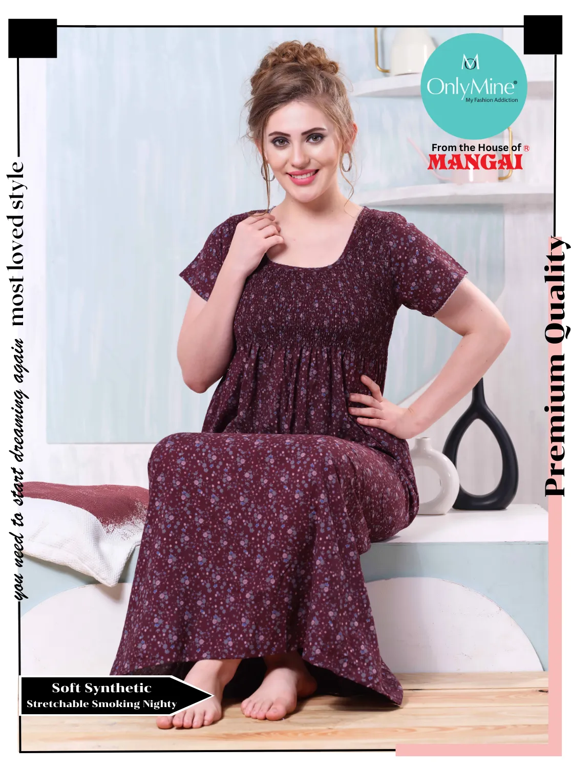 ONLY MINE Premium Smokey Nighty | Stretchable Elastic Type | Beautiful Pleated Model | Side Pocket | Stylish Nighty for Stylish Women's (OM-RAH)