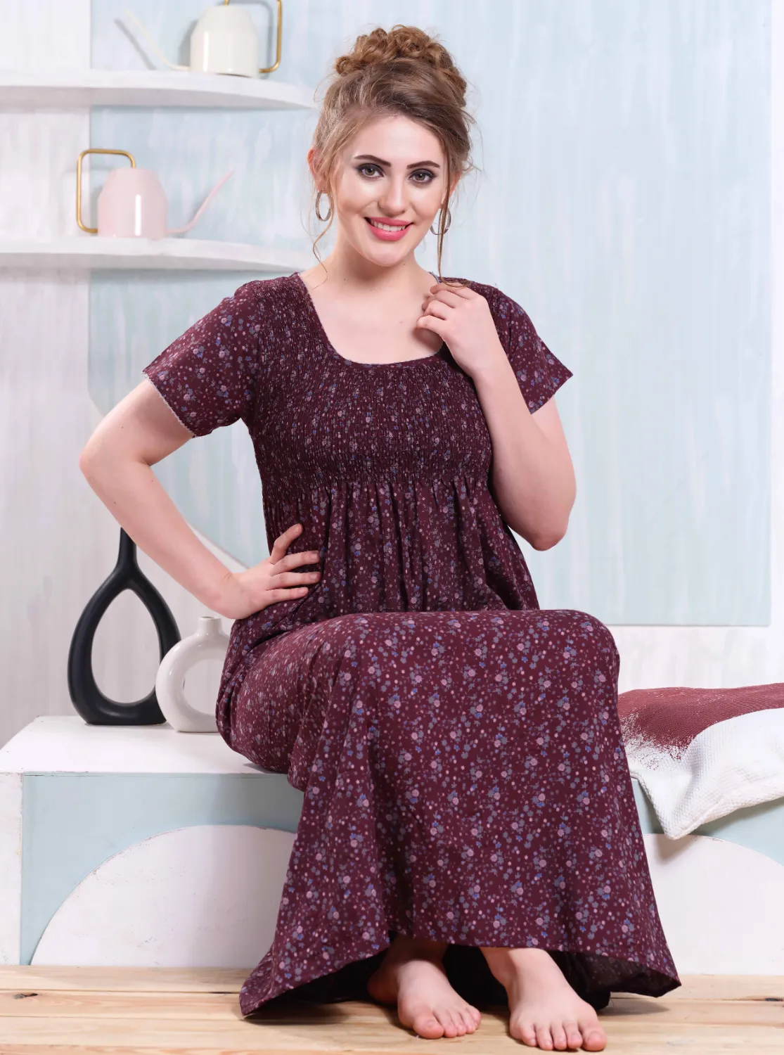 ONLY MINE Premium Smokey Nighty | Stretchable Elastic Type | Beautiful Pleated Model | Side Pocket | Stylish Nighty for Stylish Women's (OM-RAH)
