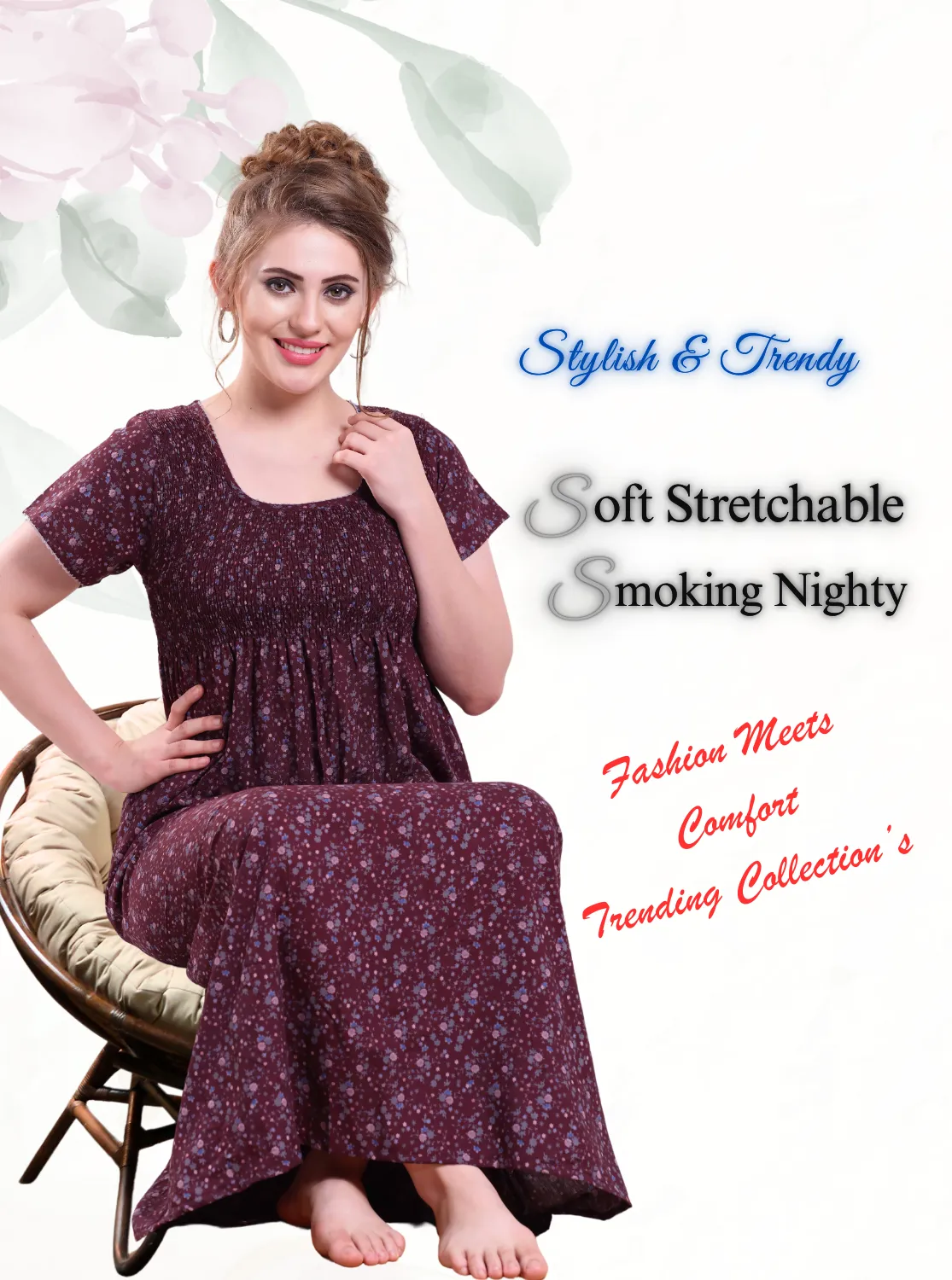 ONLY MINE Premium Smokey Nighty | Stretchable Elastic Type | Beautiful Pleated Model | Side Pocket | Stylish Nighty for Stylish Women's (OM-RAH)