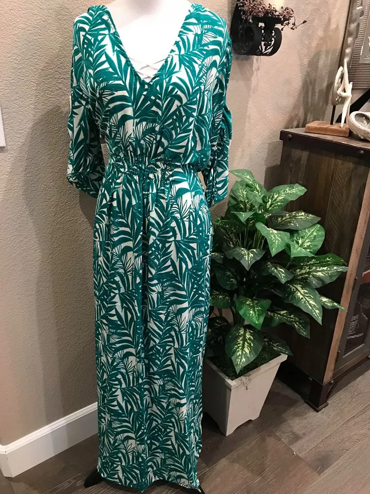 Palm Frond V-Neck Dress (Black)