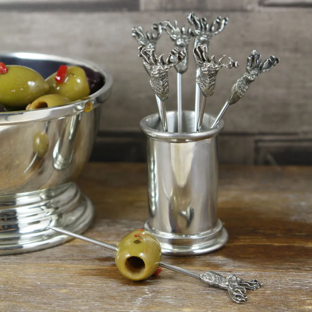 Pewter Cocktail or Olive Picks With Stag Design & Holder (6 Picks)