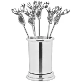 Pewter Cocktail or Olive Picks With Stag Design & Holder (6 Picks)