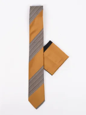 Pierre Cavelli Tie & Pocket Square Yellow & Brown Self Stripes PCTPS008
