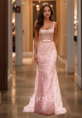 Scoop-Neck Spaghetti Straps Sleeveless Party Gowns Sequined Lace Applique Mermaid Prom Dress