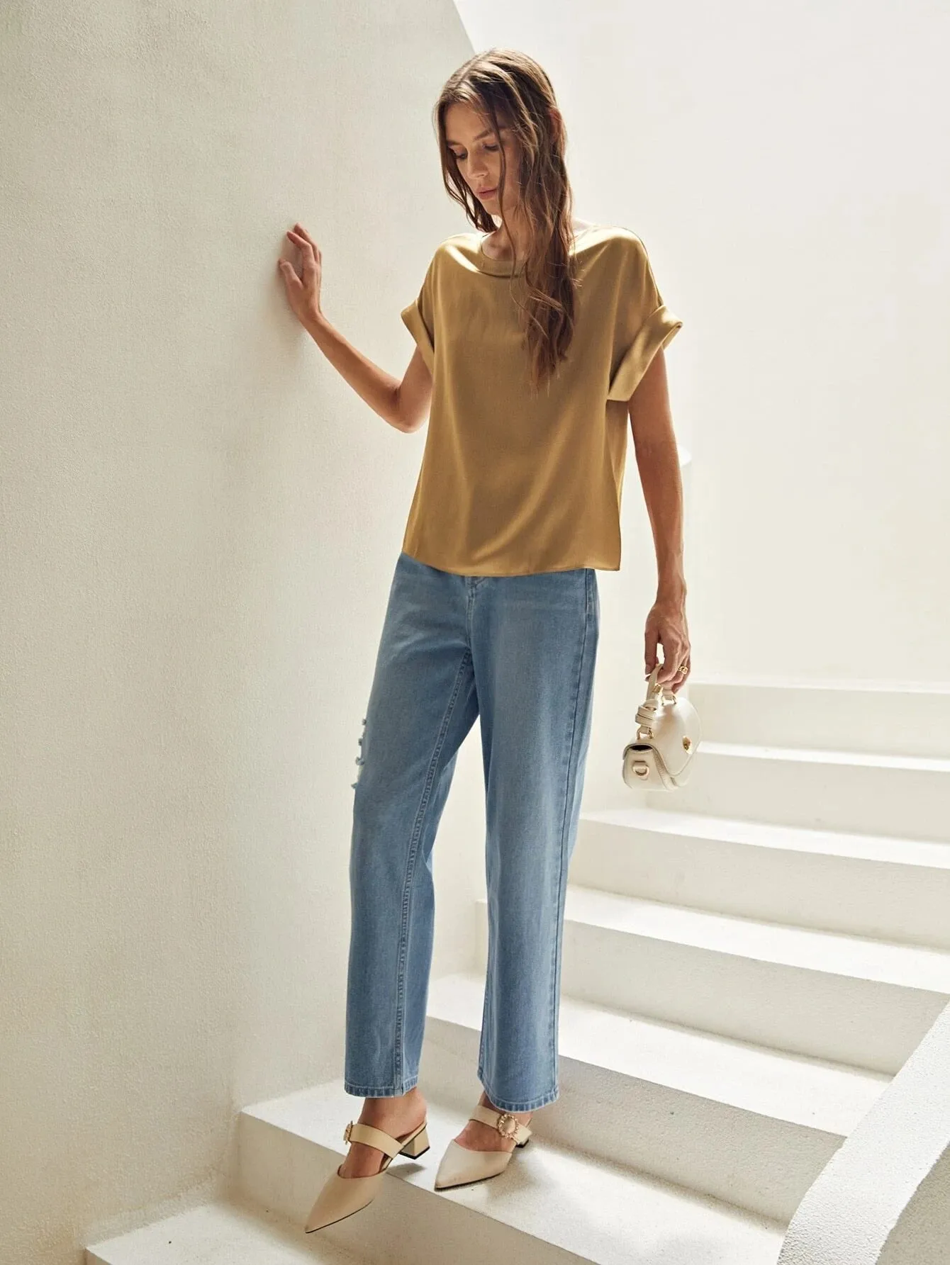 Silk  Batwing Sleeve Top Silk T Shirt For Women