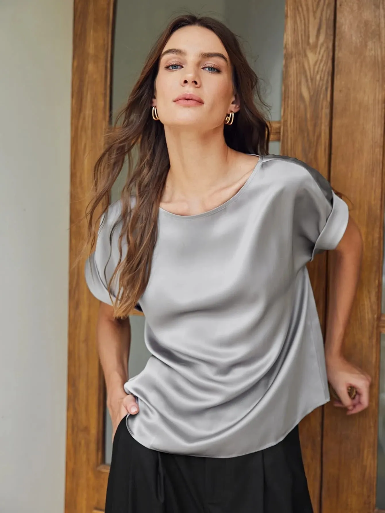 Silk  Batwing Sleeve Top Silk T Shirt For Women