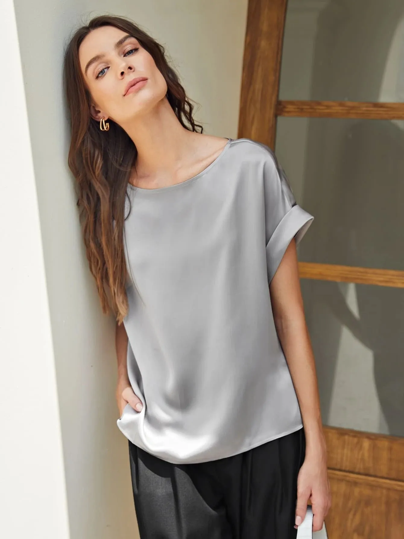 Silk  Batwing Sleeve Top Silk T Shirt For Women
