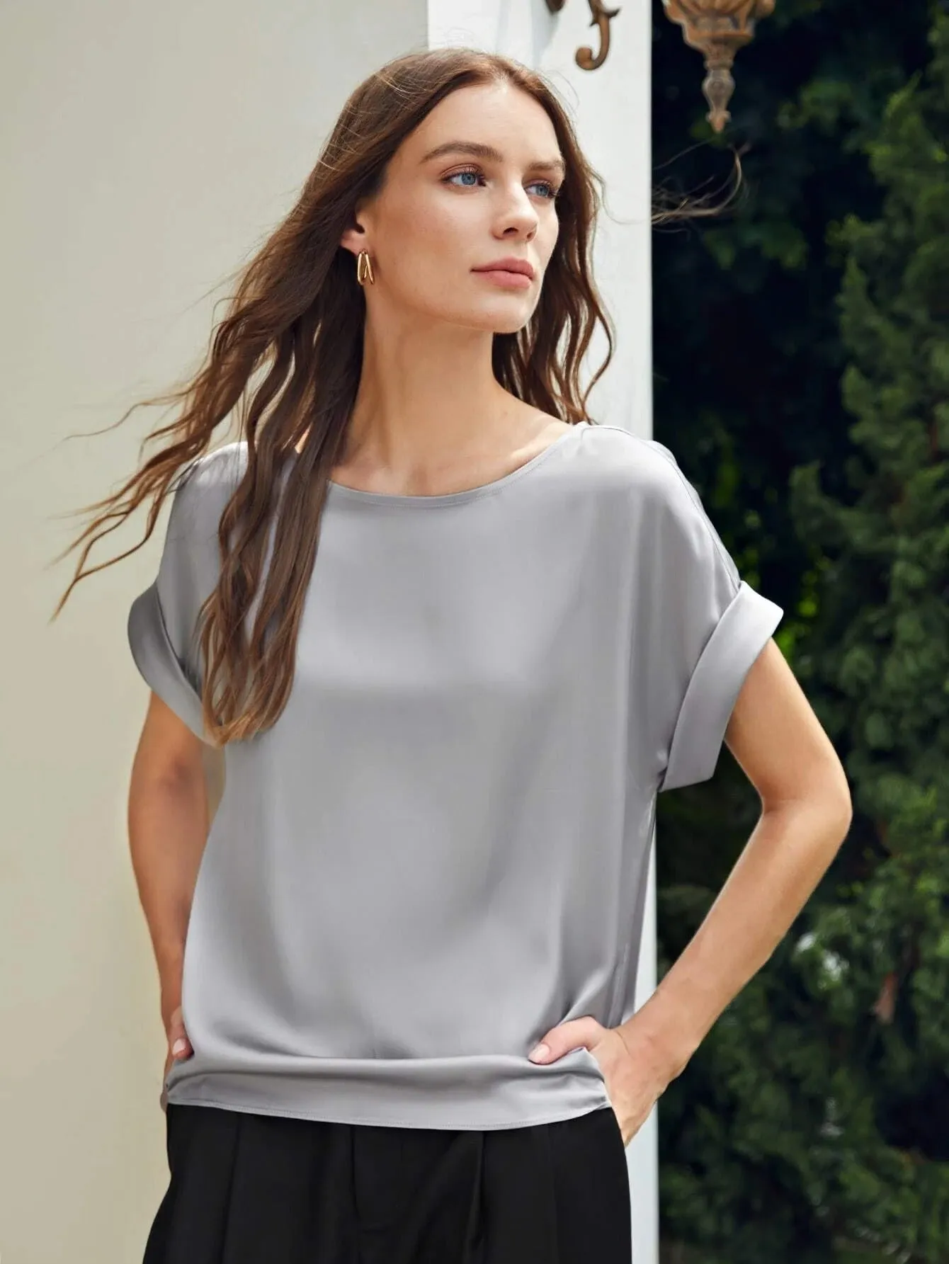 Silk  Batwing Sleeve Top Silk T Shirt For Women