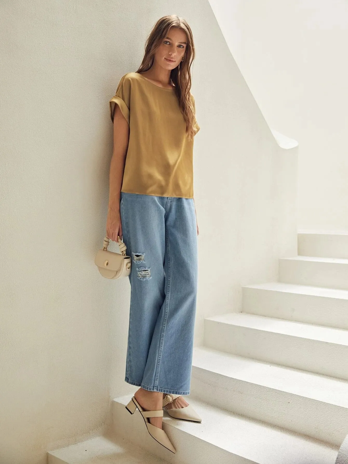 Silk  Batwing Sleeve Top Silk T Shirt For Women