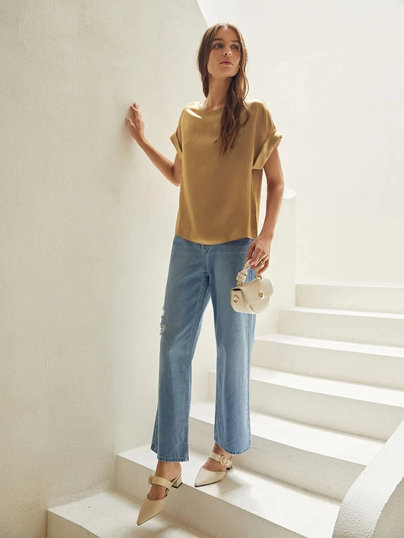 Silk  Batwing Sleeve Top Silk T Shirt For Women