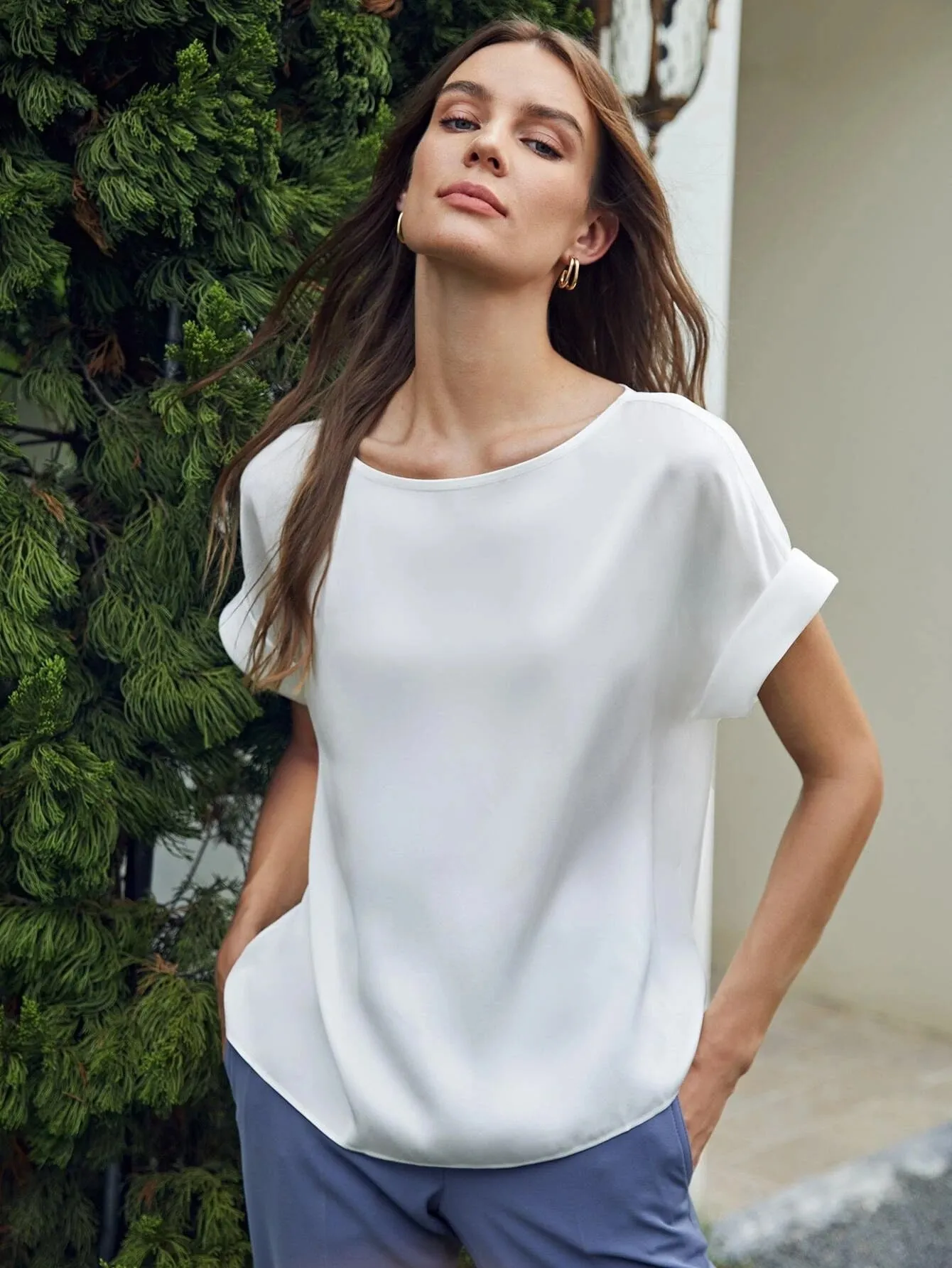 Silk  Batwing Sleeve Top Silk T Shirt For Women