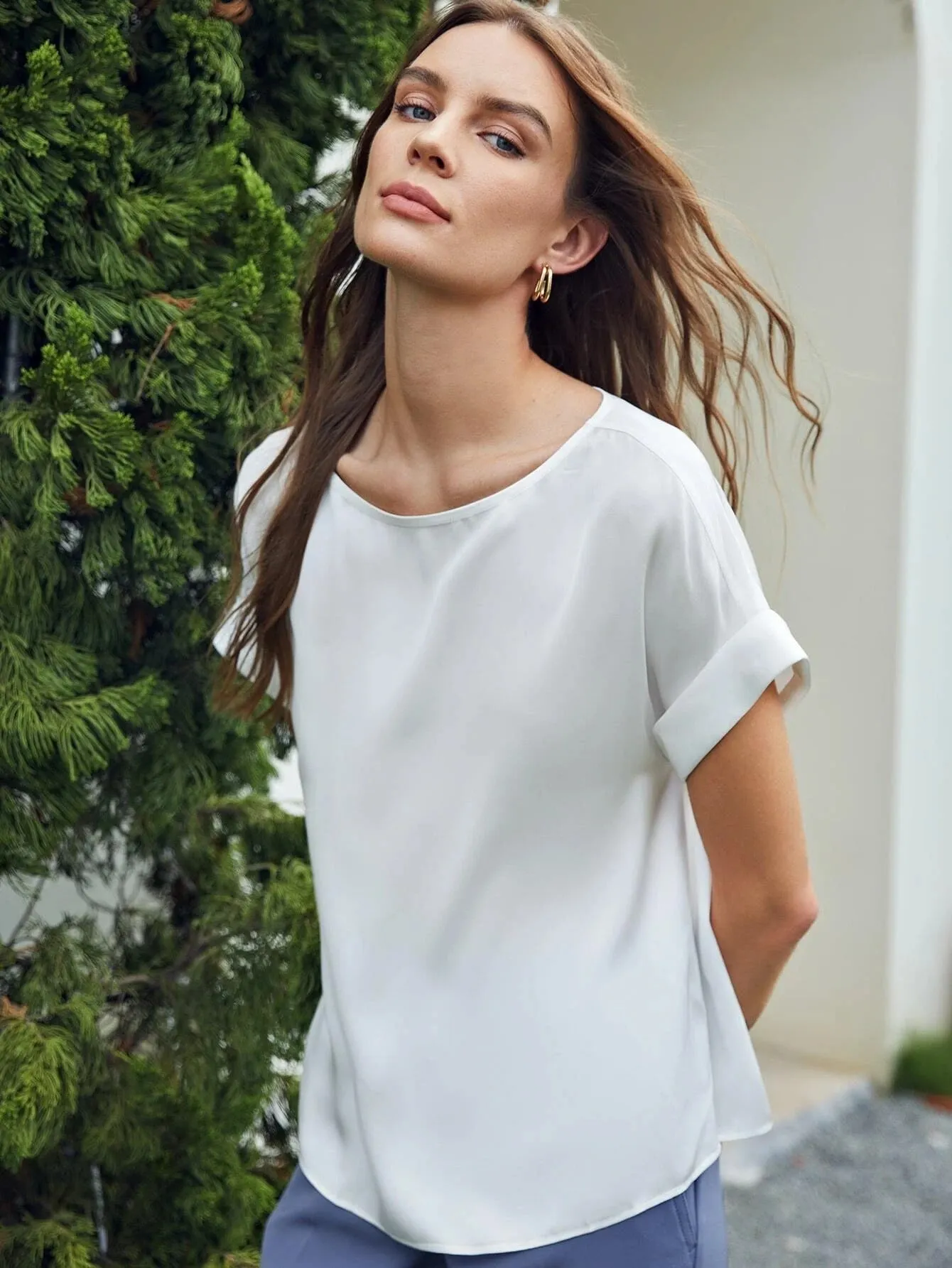 Silk  Batwing Sleeve Top Silk T Shirt For Women