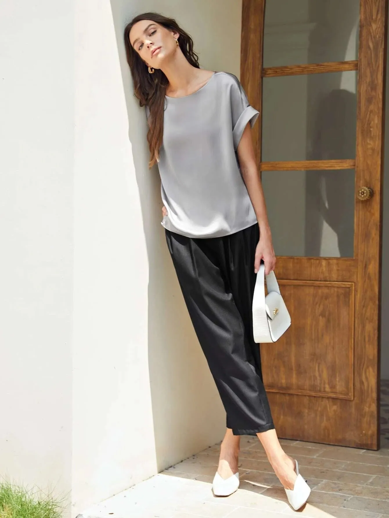 Silk  Batwing Sleeve Top Silk T Shirt For Women