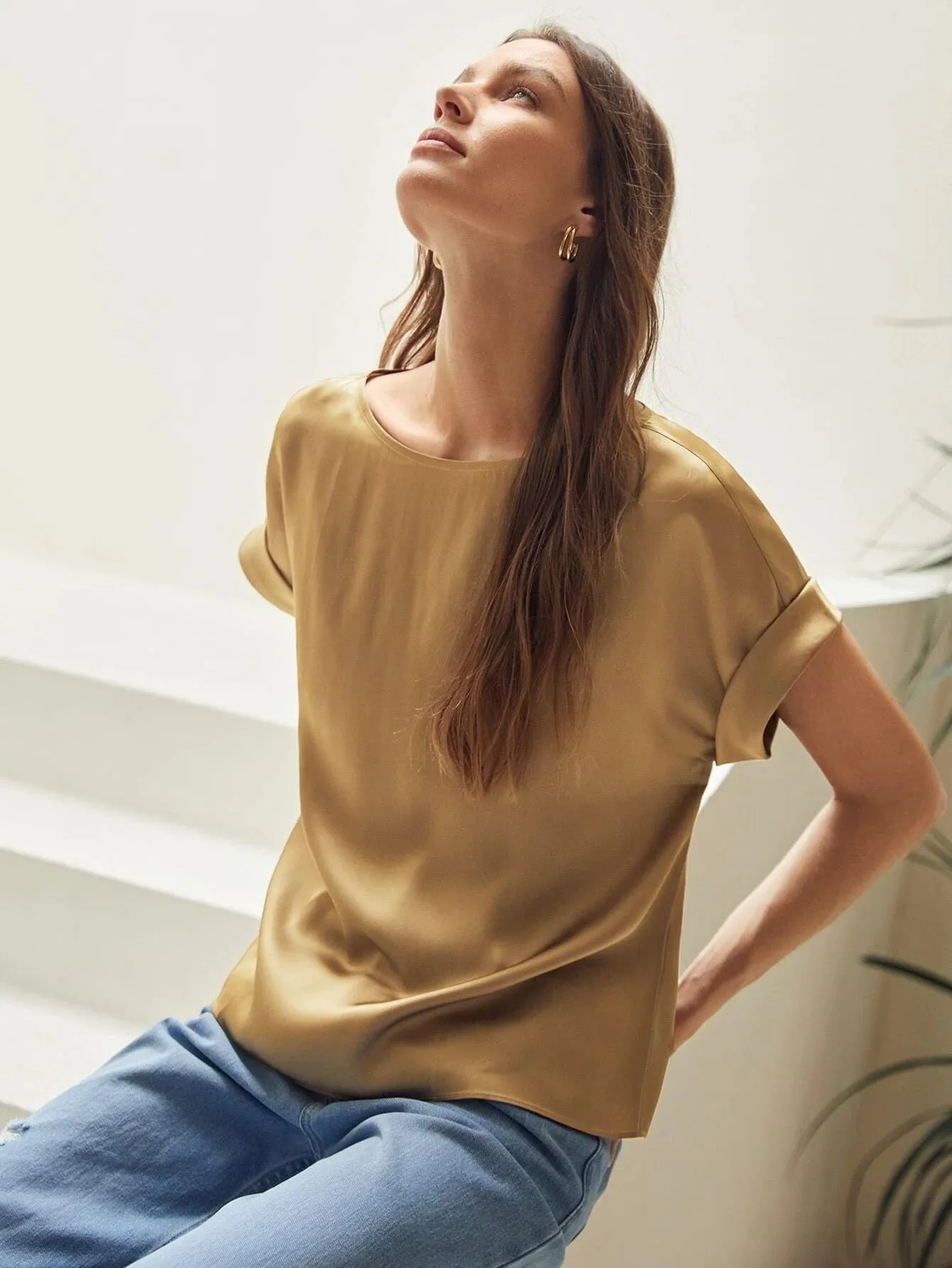 Silk  Batwing Sleeve Top Silk T Shirt For Women