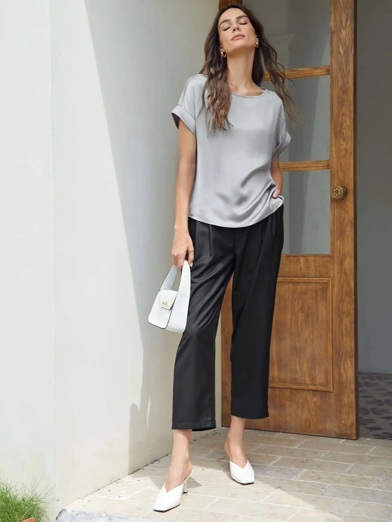Silk  Batwing Sleeve Top Silk T Shirt For Women