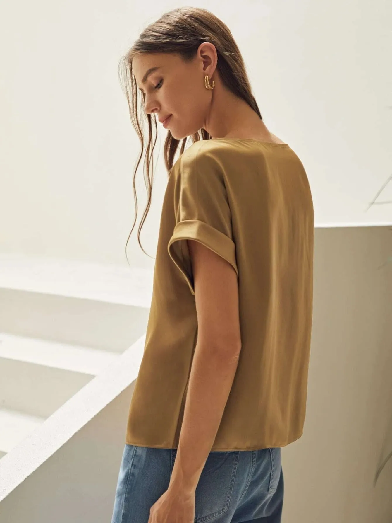 Silk  Batwing Sleeve Top Silk T Shirt For Women