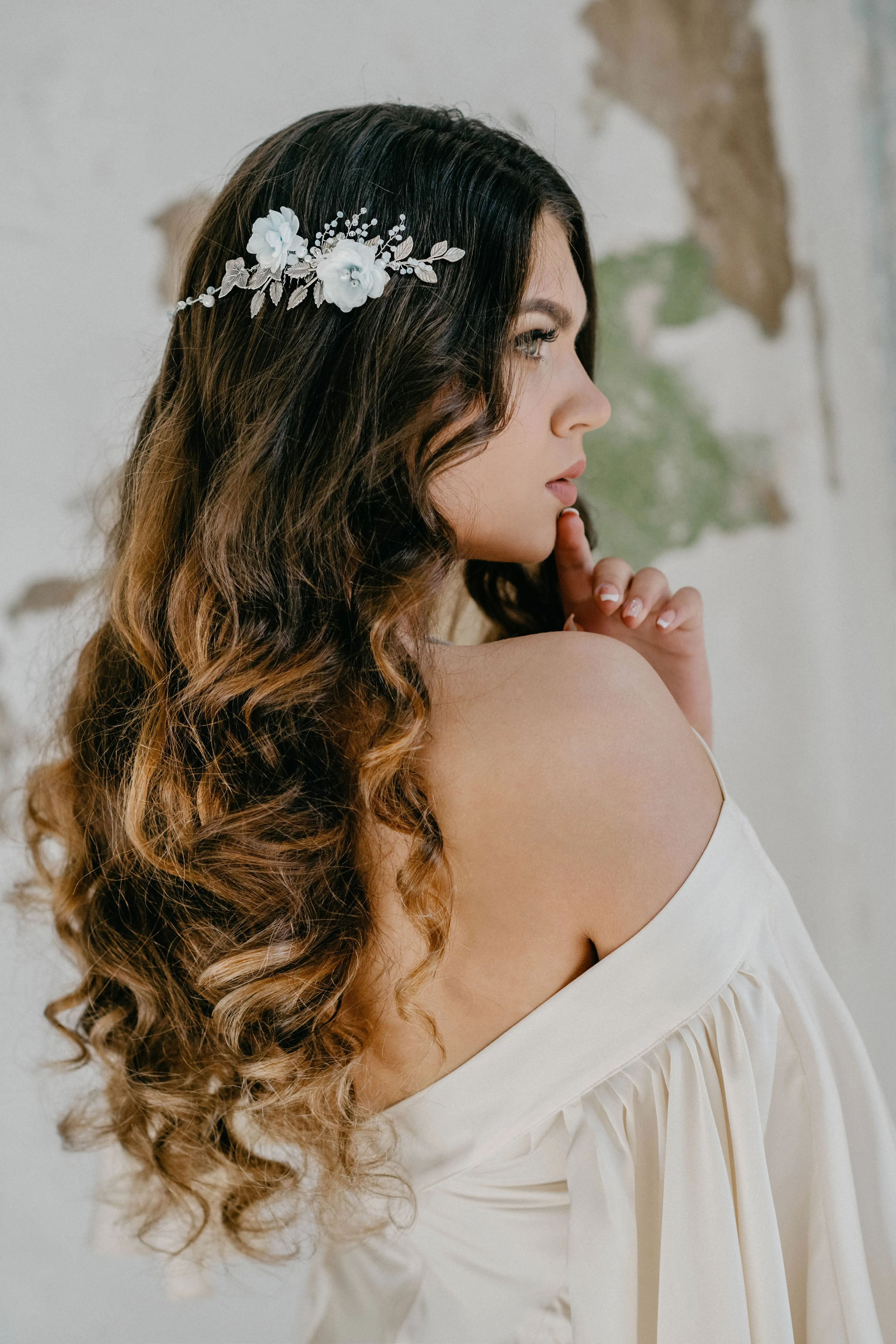 Silver bridal hair vine with flowers - SCHARLOTTE
