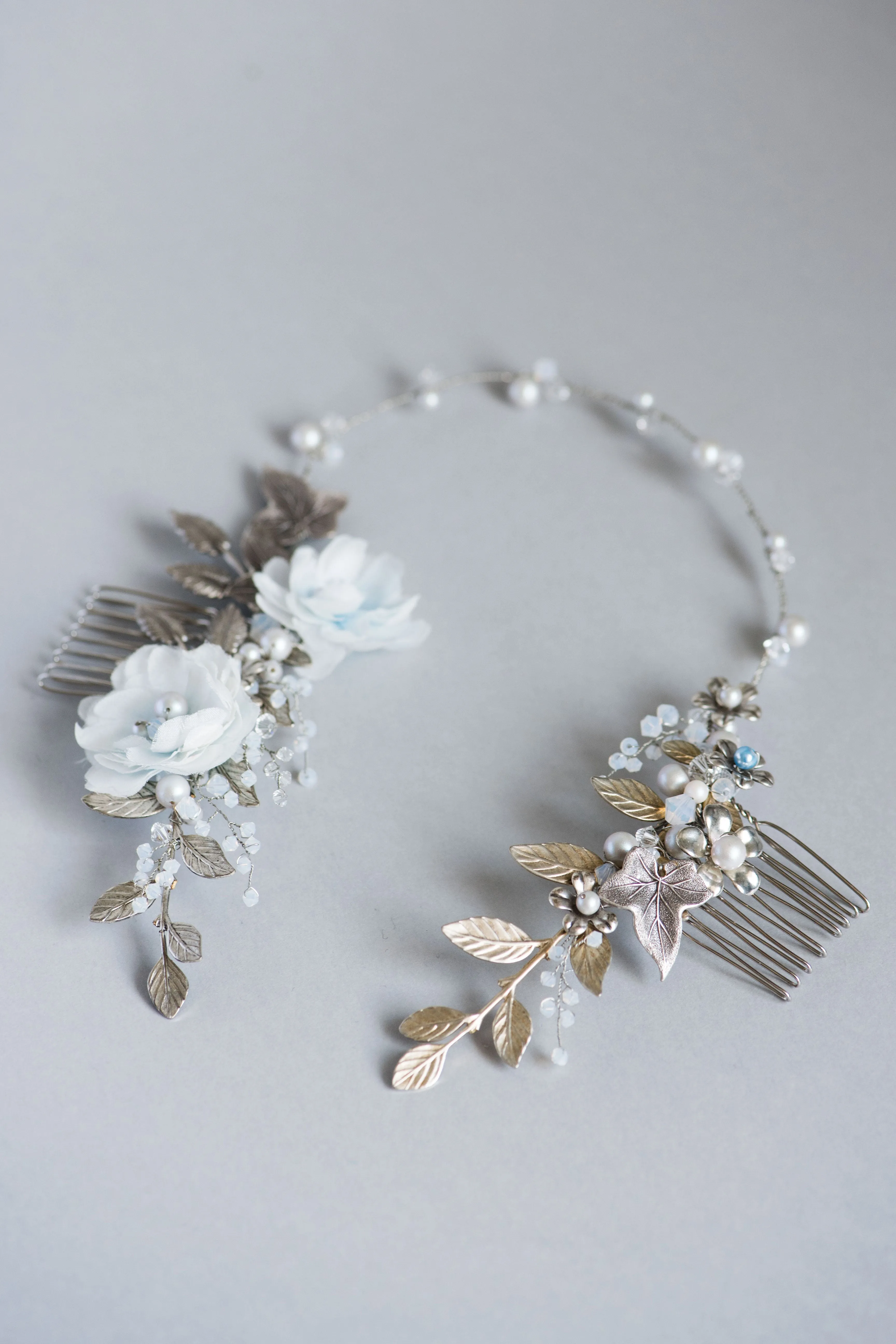 Silver bridal hair vine with flowers - SCHARLOTTE