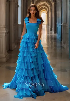 Square-Neck Bows-Straps Sleeveless A-Line Prom Dress Off-Shoulder Chiffon Tiered Formal Gowns