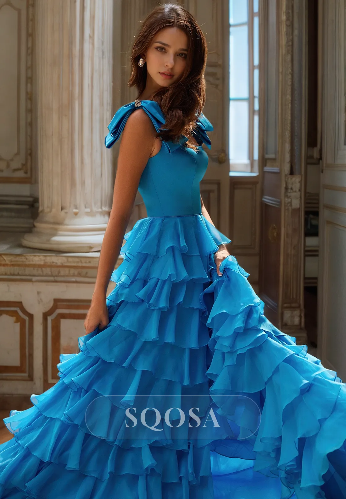 Square-Neck Bows-Straps Sleeveless A-Line Prom Dress Off-Shoulder Chiffon Tiered Formal Gowns