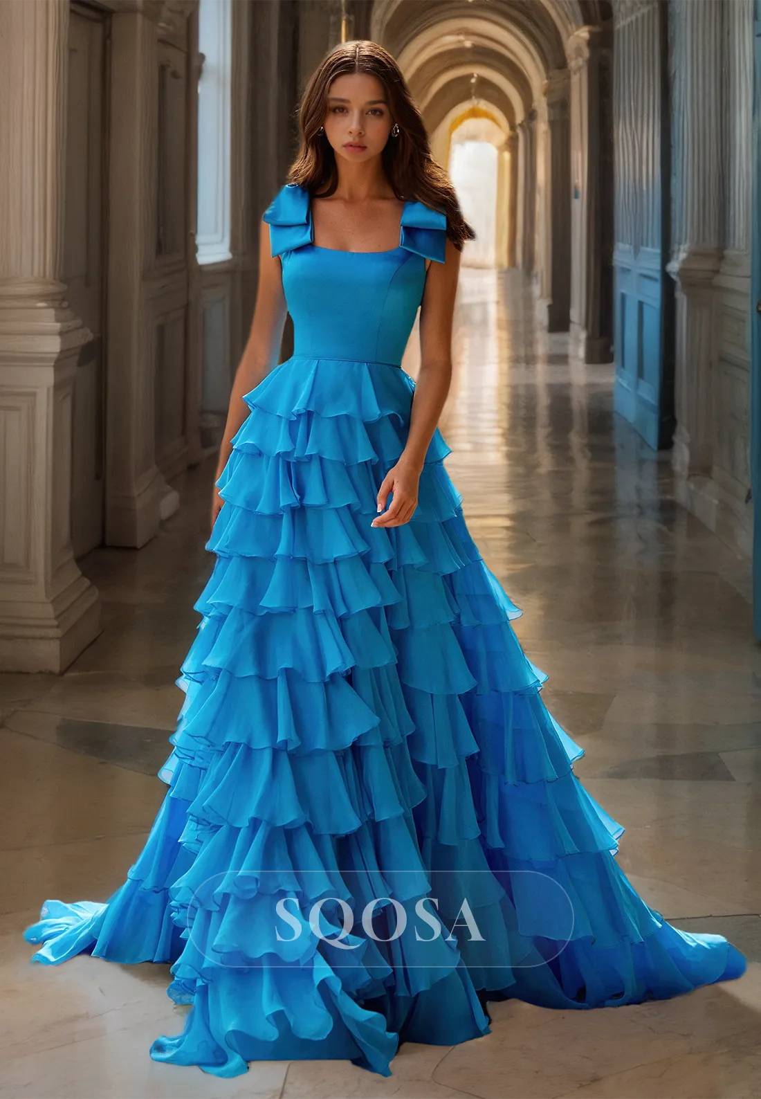 Square-Neck Bows-Straps Sleeveless A-Line Prom Dress Off-Shoulder Chiffon Tiered Formal Gowns