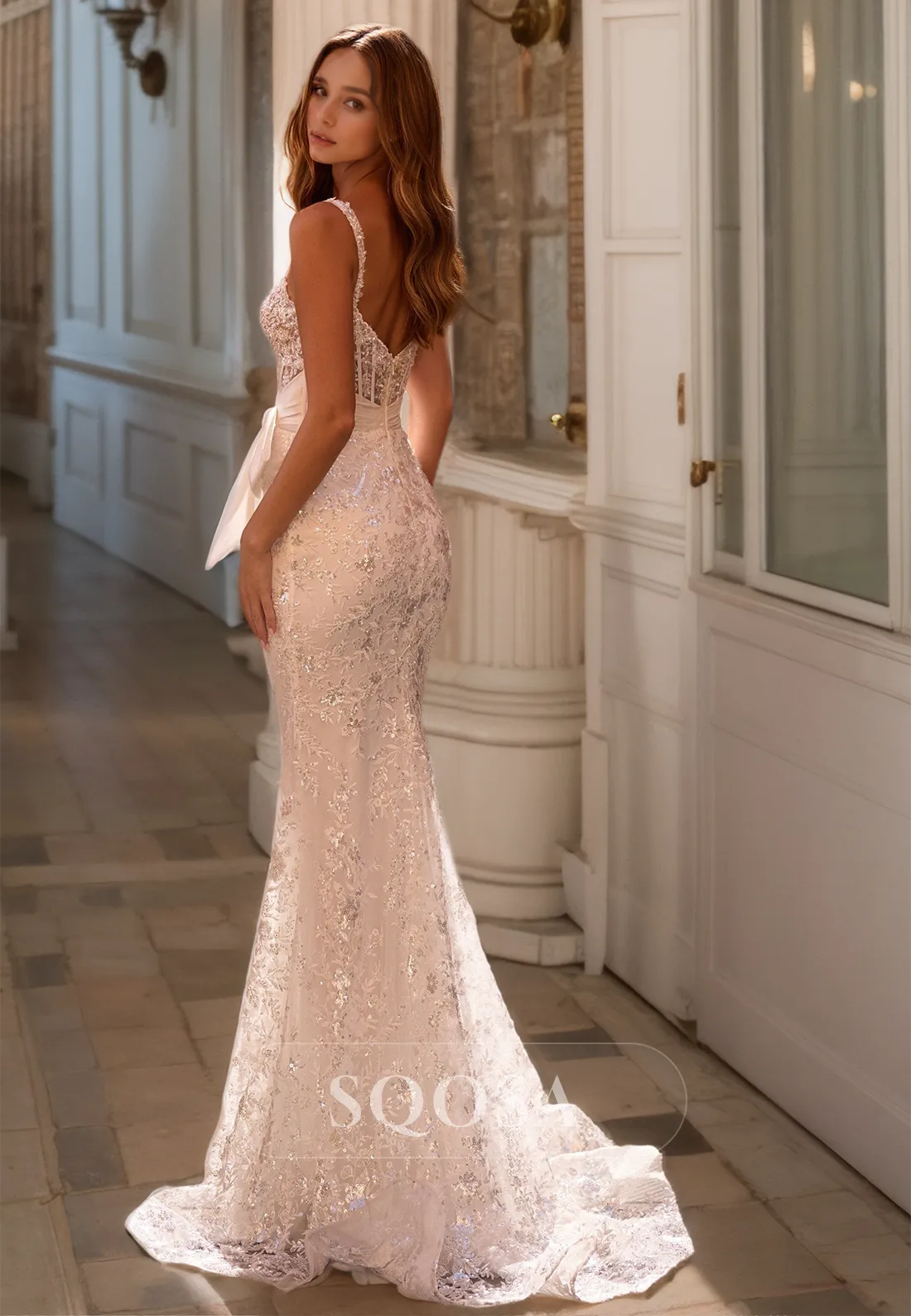Sweetheart Spaghetti Straps Beaded Evening Gowns Sleeveless Glitter Lace Mermaid Prom Dress with Bows