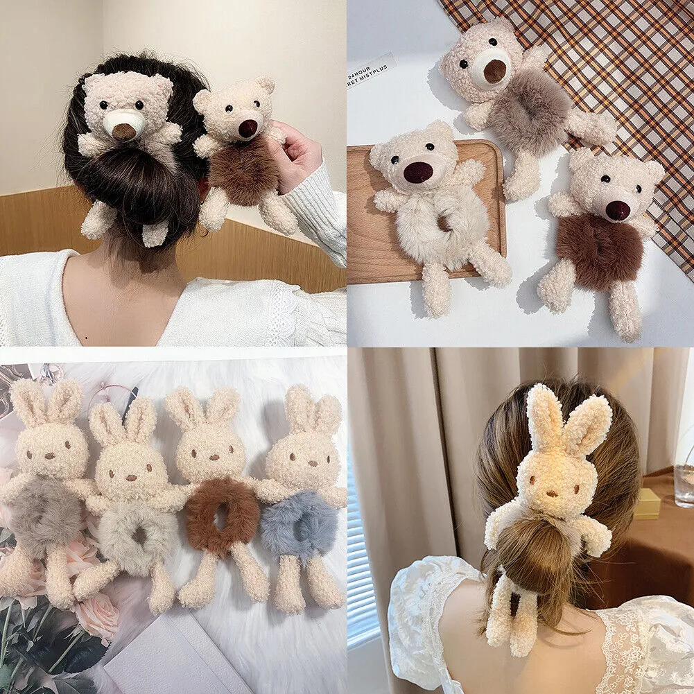 US Bear Bunny Furry Plush Hair Tie Scrunchies Rope Ponytail Holster Elastic Band