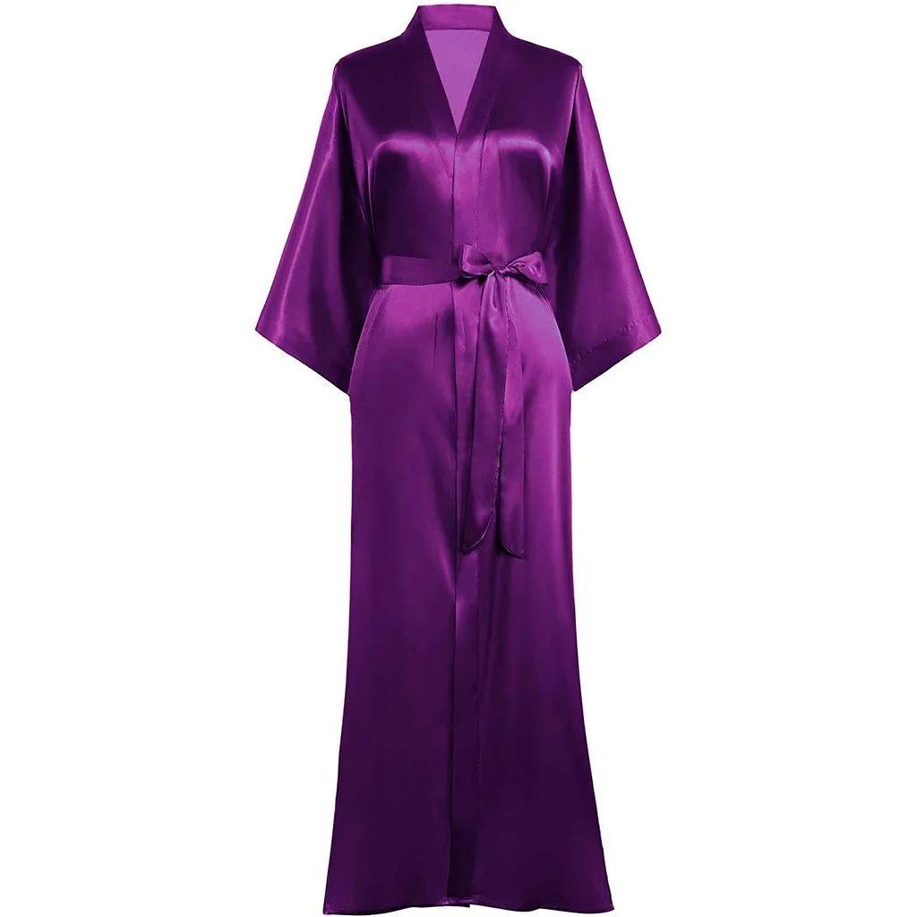 V Neckline Silk Full Length Silk Kimono Robe for Women